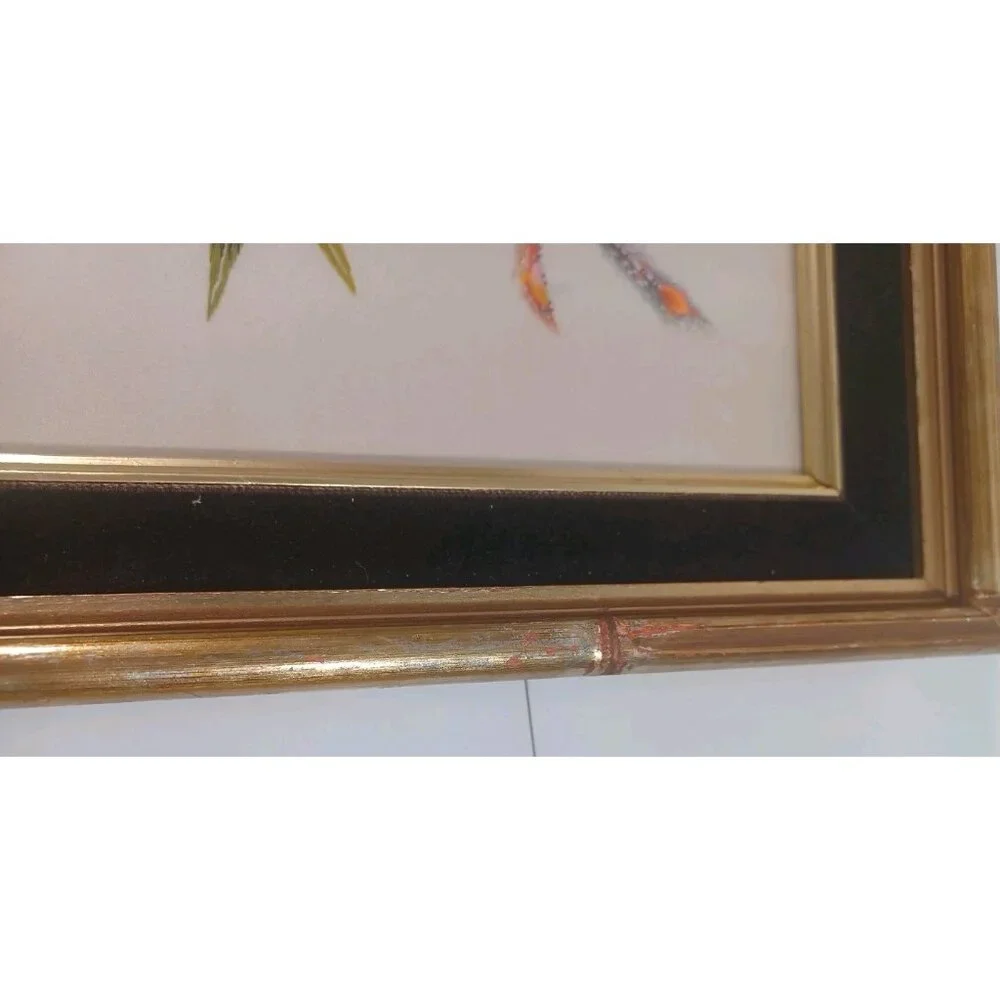 Pair Vintage 1960 Chinese Embroidered Silk Crane Phoenix Bird Floral Gold Frame - Picture 12 of 12